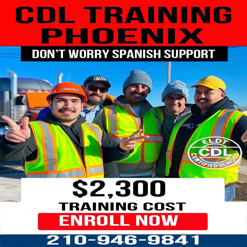 Estudiantes de CDL Training Phoenix preparándose para la ruta de montaña I-17 Trucking Route en Arizona.