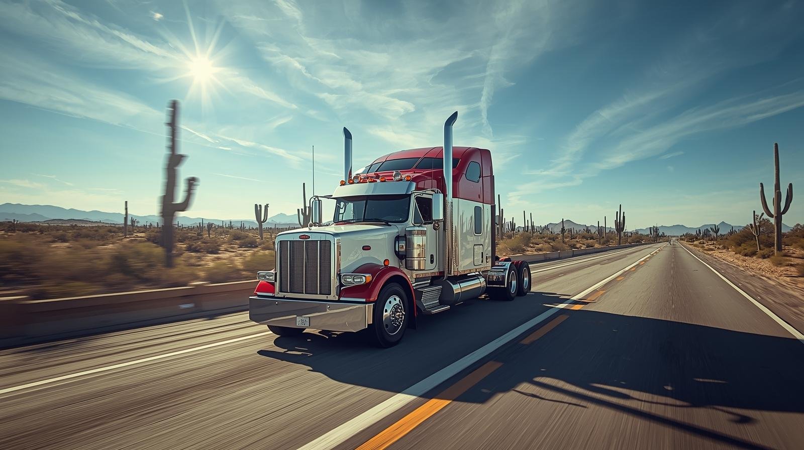Camión semi-remolque Clase A recorriendo la carretera I-17 en el desierto de Arizona hacia las montañas de Flagstaff.