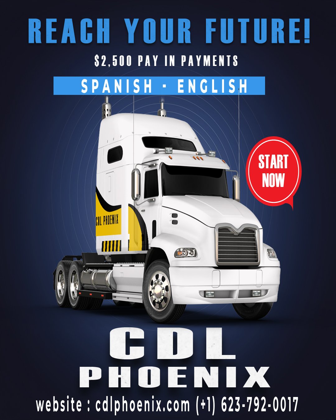 CDL Training Buckeye AZ map location showing CDL School Phoenix with red semi truck, students holding CDL training sign and $2500 truck driver training program with Spanish support near Goodyear and Buckeye Arizona