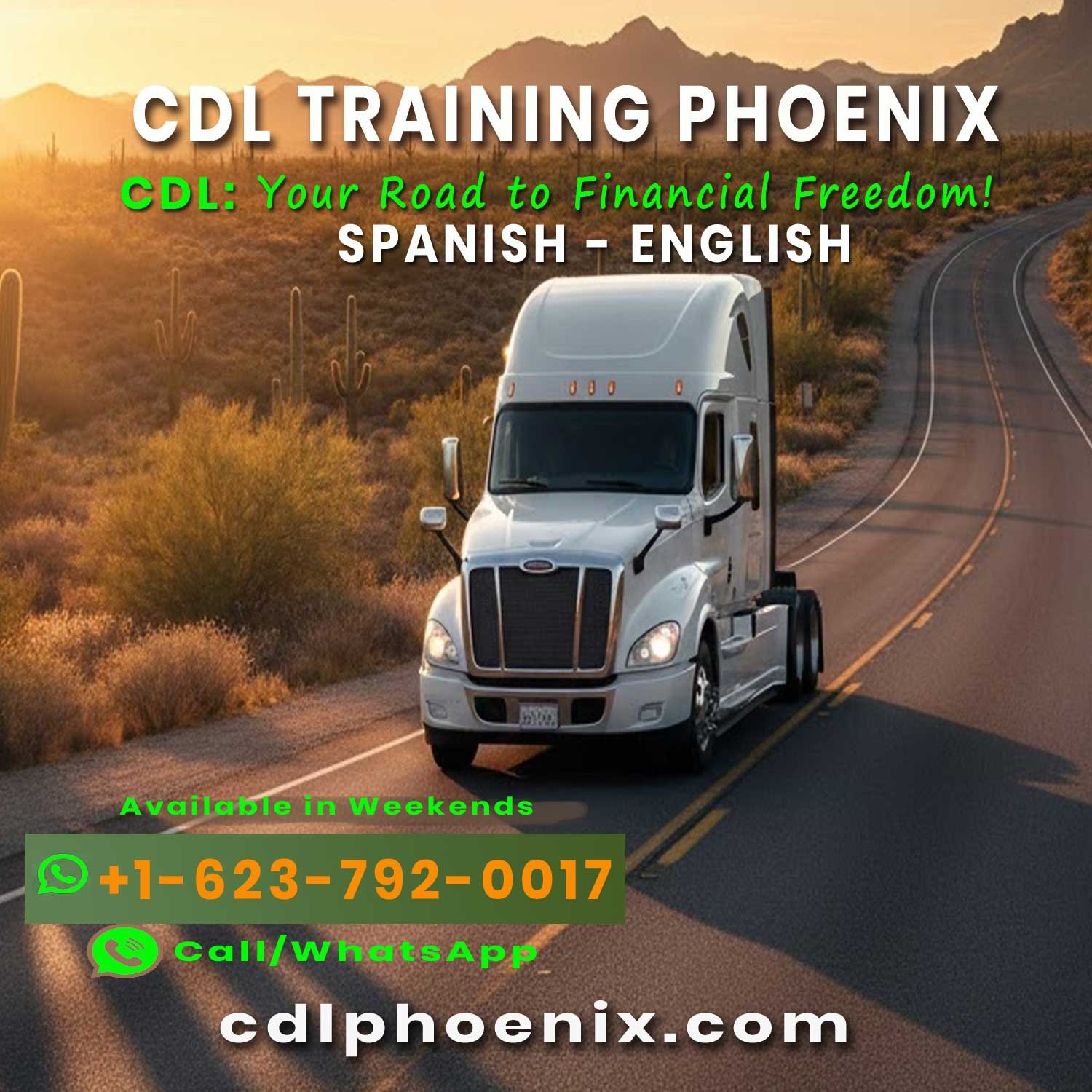 CDL training near Mesa AZi is a promotional image showing CDL School Mesa map location, red semi truck, and students promoting affordable truck driver training near Mesa Arizona with Spanish support.