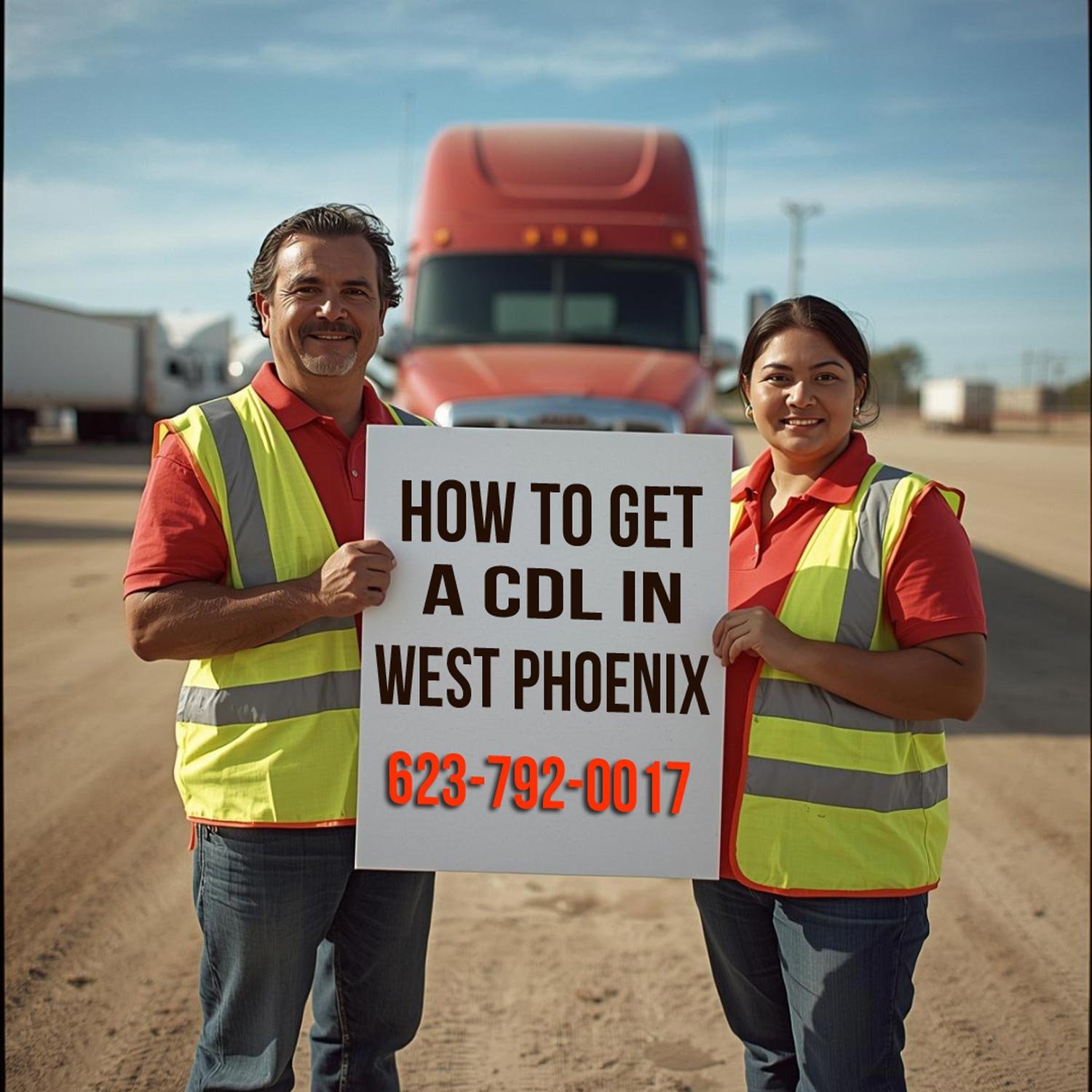Step-by-step guide on how to get a CDL in West Phoenix featuring professional instructors and a red commercial truck.